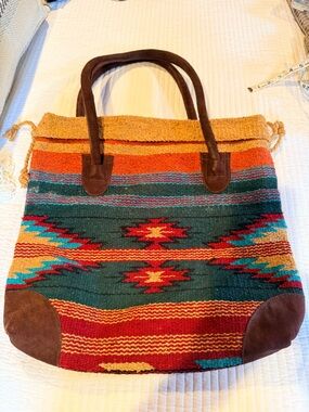 Boho Southwestern Patterned Tote Bag in Teal & Red - Unbranded
